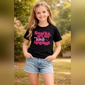 Kids Graphic Tee “Snacks Are My Love Language” Black T Shirt Size XL 160